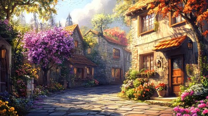 Obraz premium A picturesque village scene with charming houses, blooming flowers, and vibrant autumn foliage.