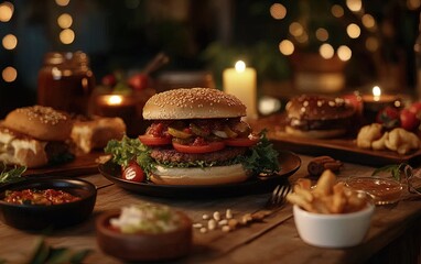 Fototapeta premium exquisite plant-based burger dining experience: a stunning table setting with vibrant décor - perfect for posters in trendy restaurants or modern home interiors