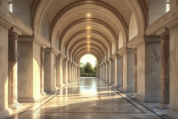 Obraz premium an interior architectural corridor with a series of arches and columns, creating a sense of rhythm and symmetry in the composition.