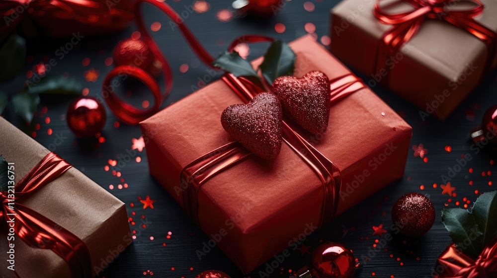 Poster Valentine's Day background with gift boxes on a red table, flat lay. top view. Valentine's Day concept. with copy space for text.