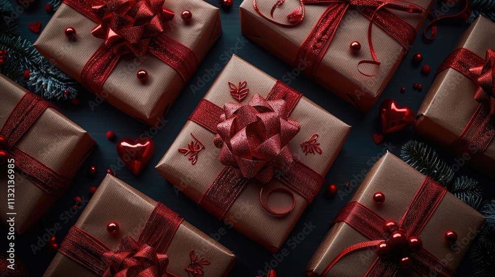 Poster valentine's day background with gift boxes on a red table, flat lay. top view. valentine's day conce