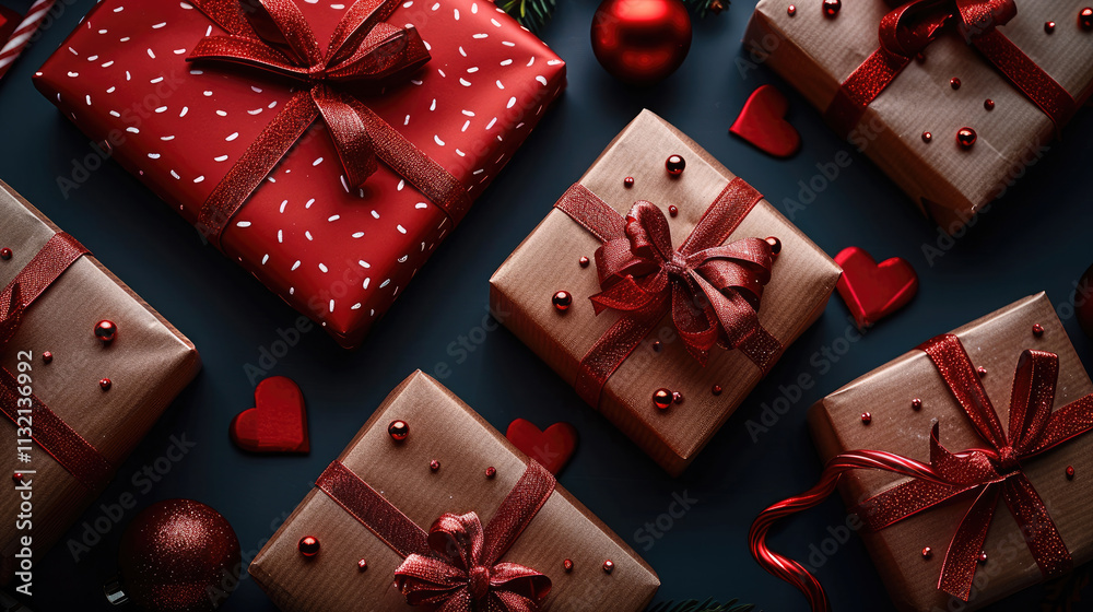 Aufkleber valentine's day background with gift boxes on a red table, flat lay. top view. valentine's day conce