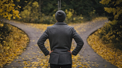 Man Standing at a Crossroads, Deciding Which Path to Take, Decision Making Concept, Two Roads Diverging, Symbolic Choice, Thoughtful Individual Contemplating Direction in Life