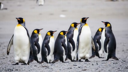 Obraz premium Adorable King Penguins: A Charming Group on a Rocky Beach, Perfect for Nature Lovers and Wildlife Enthusiasts