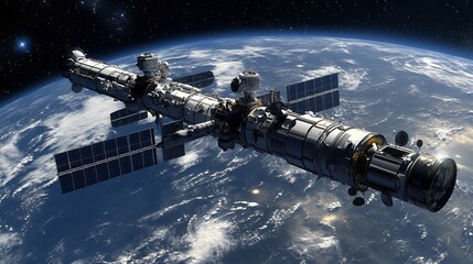 Obraz premium Space Station Orbiting Earth: A Technological Marvel