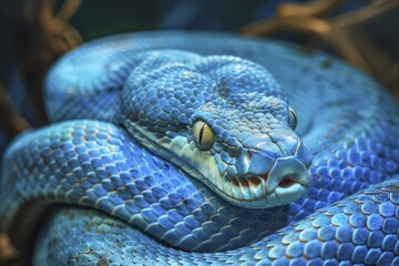 Fototapeta premium Close-up view of a vibrant blue snake, showcasing its intricate scales and striking color.