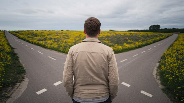 Man Standing at a Crossroads, Deciding Which Path to Take, Decision Making Concept, Two Roads Diverging, Symbolic Choice, Thoughtful Individual Contemplating Direction in Life