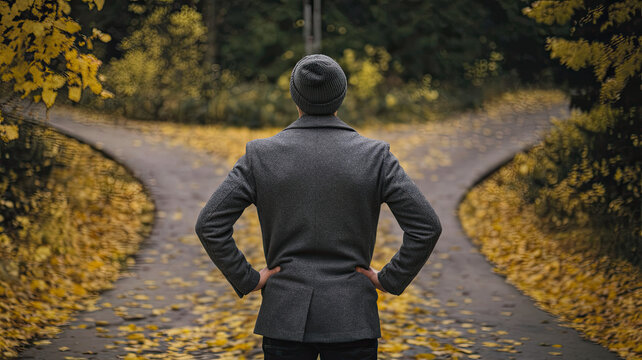 Man Standing at a Crossroads, Deciding Which Path to Take, Decision Making Concept, Two Roads Diverging, Symbolic Choice, Thoughtful Individual Contemplating Direction in Life - Powered by Adobe