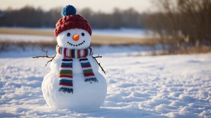 Obraz premium Playful snowman with a vibrant scarf and hat Playful snowman with a vibrant scarf and hat Playful snowman in a colorful hat and scarf
