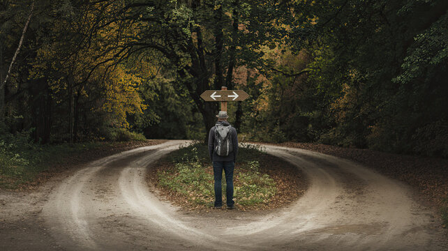 Man Standing at a Crossroads, Deciding Which Path to Take, Decision Making Concept, Two Roads Diverging, Symbolic Choice, Thoughtful Individual Contemplating Direction in Life