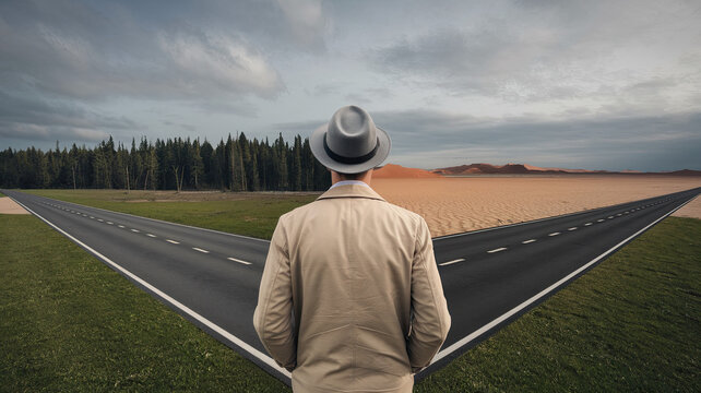Man Standing at a Crossroads, Deciding Which Path to Take, Decision Making Concept, Two Roads Diverging, Symbolic Choice, Thoughtful Individual Contemplating Direction in Life