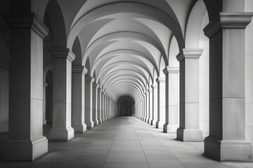an interior architectural corridor with a series of arches and columns, creating a sense of rhythm and symmetry in the composition.