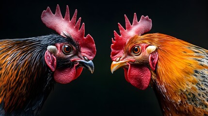 Confrontational Roosters Staring Intensely in a Competitive Showdown