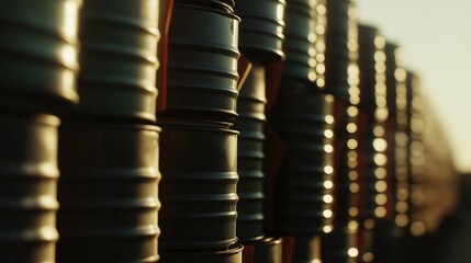 Oil barrels stacked in storage, symbolizing the global reliance on fossil fuels and the need for sustainable energy solutions.