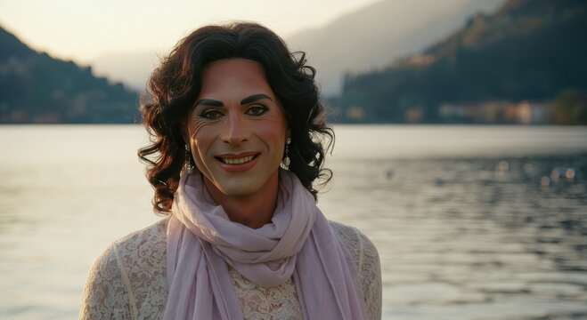 Elegant portrait of smiling non-binary person by serene lake at sunset