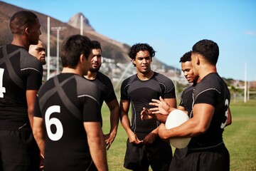 Men, rugby and team planning outdoor for strategy, game tactics or training discussion. Sports, athlete and group in circle on field for competition, fitness or captain talk to players for motivation