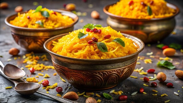 Surreal Zarda: Pakistani Dessert Photography, Vibrant Saffron Rice, Dreamlike Food, Golden Sweet Treat, Artistic Culinary Image