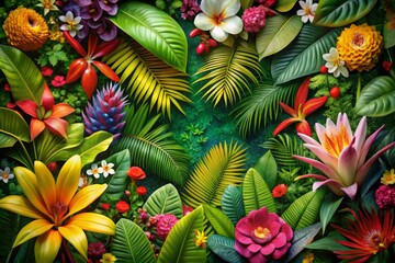 Vibrant Tropical Floral Border: Exotic Flowers & Leaves Aerial Photography