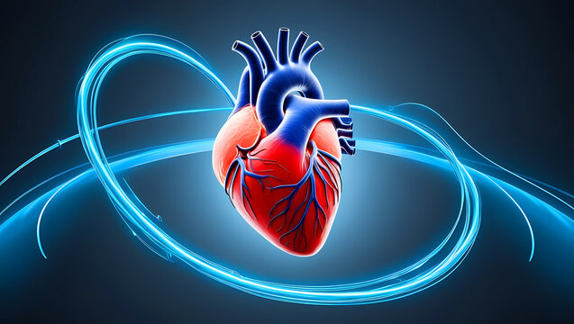 Glowing lines at human heart 3D shape