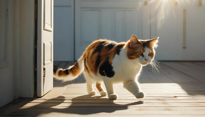 calico cat walks in the house