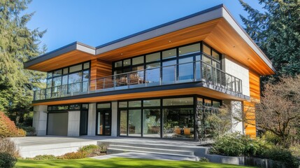 Fototapeta premium A large, modern house with a balcony and a large window