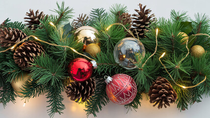 Fototapeta premium Festive Christmas Decorations Arrangement with Green Pine Branches, Golden Lights, Pine Cones, Red and Gold Spherical Ornaments, Intricate Gold Pattern, Clear Glass Ornament, White Background, Holiday