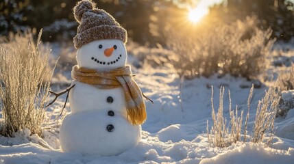 Obraz premium Smiling snowman with a colorful hat and scarf in a snowy setting Smiling snowman in a vibrant wool hat and scarf on a frosty winter morning Serene winter night with a reindeer in the glow of the full 