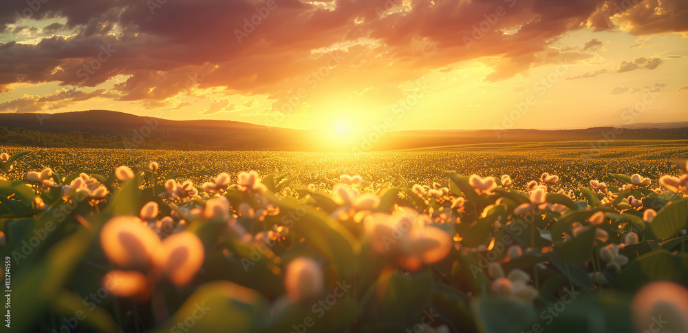 Poster a beautiful soybean field with a sunset in the background.