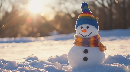 Obraz premium Smiling snowman with a colorful hat and scarf in a snowy setting Smiling snowman in a vibrant wool hat and scarf on a frosty winter morning Serene winter night with a reindeer in the glow of the full 