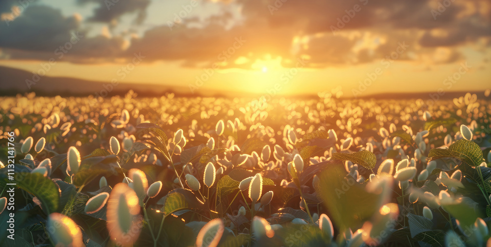 Poster a beautiful soybean field with a sunset in the background.