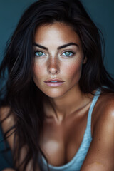 Naklejka premium Captivating portrait of a woman with striking blue eyes and natural beauty