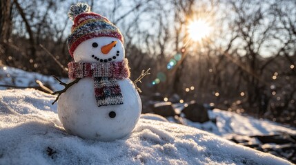 Obraz premium Smiling snowman with a playful wool hat and a cheerful expression in a snowy setting