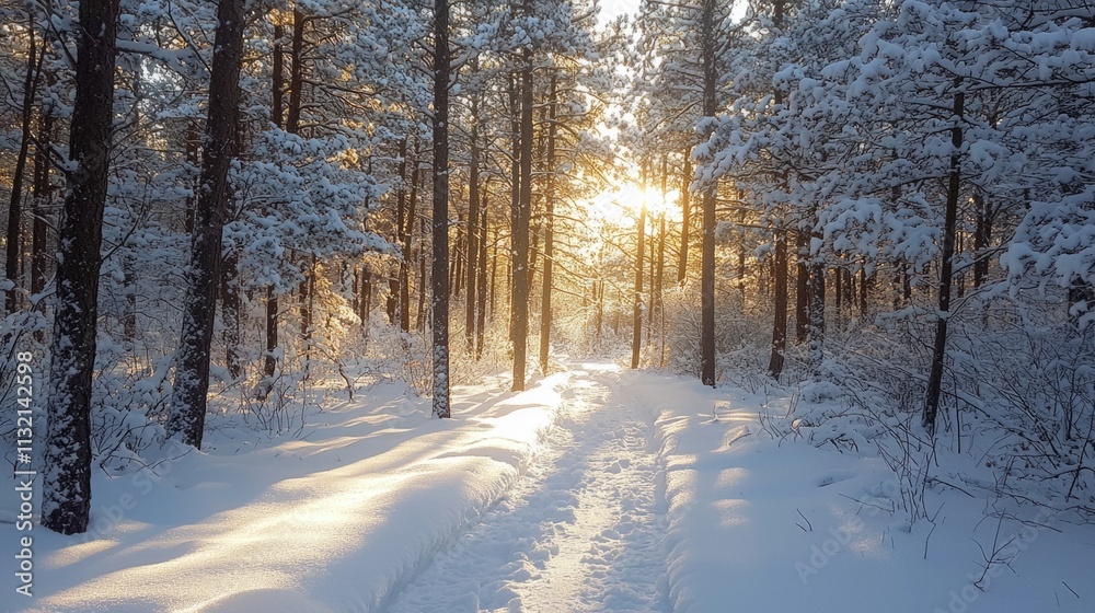 Poster sunlight filters through towering pines in a peaceful snowy forest, casting a warm glow across the p
