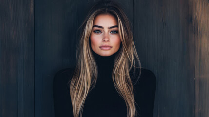 Fototapeta premium Elegant woman with long hair poses against a dark wooden background in a stylish outfit