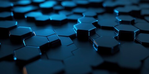 Obraz premium Abstract background with blue glowing hexagons on a dark grey wall surface. Modern wallpaper design for technology and science themes.