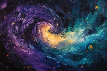 Abstract swirling cosmic painting depicts a nebula