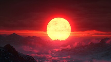 Obraz premium Dramatic Moonrise Over Misty Mountain Peaks at Sunset