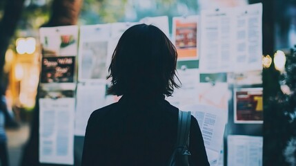 Person standing in front of a job listings board, scanning opportunities with a focused expression. The scene conveys the pursuit of career advancement and the search for meaningful employment.
