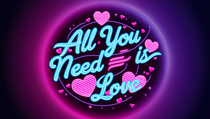 Neon lettering and heart-shaped designs in bright pink and electric blue. AI Generated