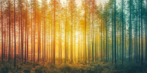 Obraz premium Beautiful forest landscape with vibrant colors during sunrise in a serene environment