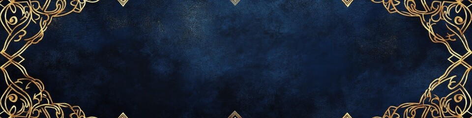A dark blue background with golden Islamic geometric patterns on the edges, for the Ramadan Kareem, Ramadan, and Eid Mubarak concept.