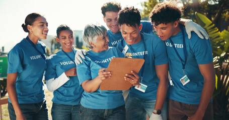 Clipboard, volunteers and happy for charity, group and success of fundraiser, team or mature woman....