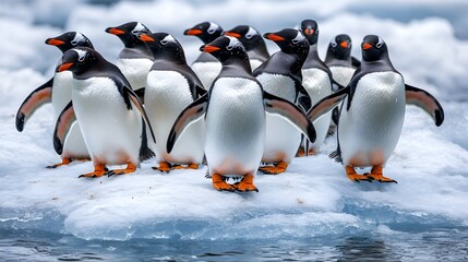 Fototapeta premium A Huddle of Penguins on an Icy Arctic Landscape