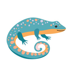 A colorful cartoon-style lizard with a curled tail and vibrant spots.