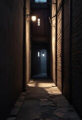 Obraz premium Dark alleyway entrance with a solitary overhead light casting long shadows , doorway, overhead light, alleyway