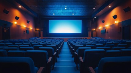 Naklejka premium Empty Modern Theater with Blue Seats and Large Screen, Perfect for Entertainment and Presentation Events Generative AI