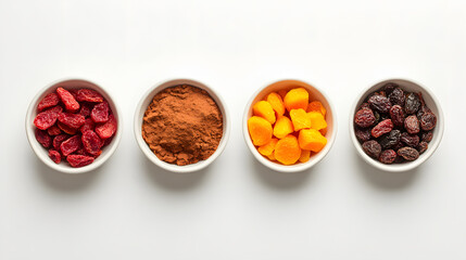 Dried fruit medley featuring goji berries, cocoa powder, apricots, and raisins. colorful and healthy snack option for any occasion