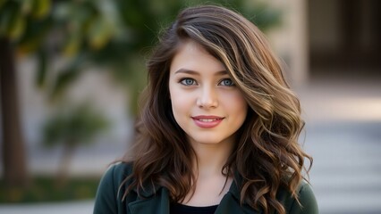 Fototapeta premium Outdoor Portrait of a Young Woman with Long, Wavy Hair