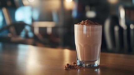 Chocolate Protein Shake: A close-up view of a delicious chocolate protein shake, complete with a sprinkle of protein powder, sits on a wooden counter in a gym setting, ready for a post-workout boost.