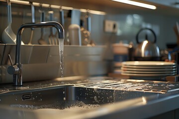 Obraz premium an image of a sleek stainless steel sink in a modern kitchen, filled with soapy water and stacked plates ready to be washed, under warm overhead lighting